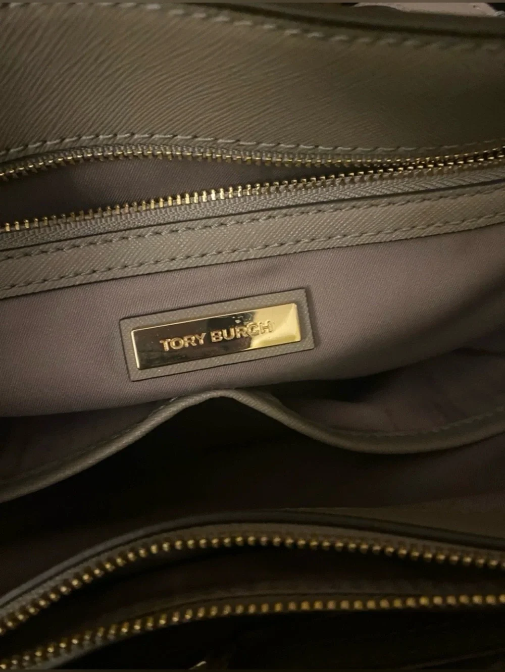 Tory Burch Taupe Saffiano Leather Tote with Logo Charm